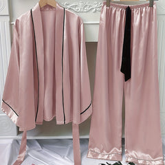 Satin Pajama Set with Long Sleeve Robe & Lace Up Pants