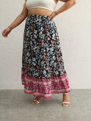 Boho Skirt Women's Plus Floral Print Ruffle Trim Elastic High Rise