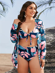 Boho Bikini Set Plus Leaf Print Cover Up Knot Front Bra Panty Swimsuit 3 Piece