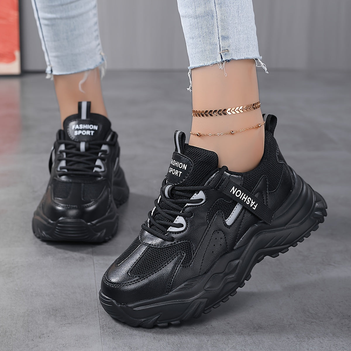 Women's Faux Leather Chunky Sneakers Casual Outdoor Running Shoes