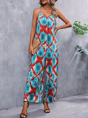 Geometric Print Wide Leg Spaghetti Jumpsuit Backless
