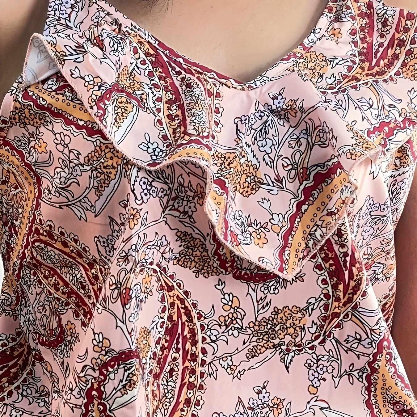 Boho Paisley Print Ruffle Trim Cami Top Summer Sleeveless Top