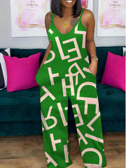 Casual Jumpsuit Women's Plus Letter Print V Neck Cami Jumpsuit