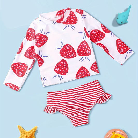 Girls Strawberry Print Long Sleeves Swimming Suit