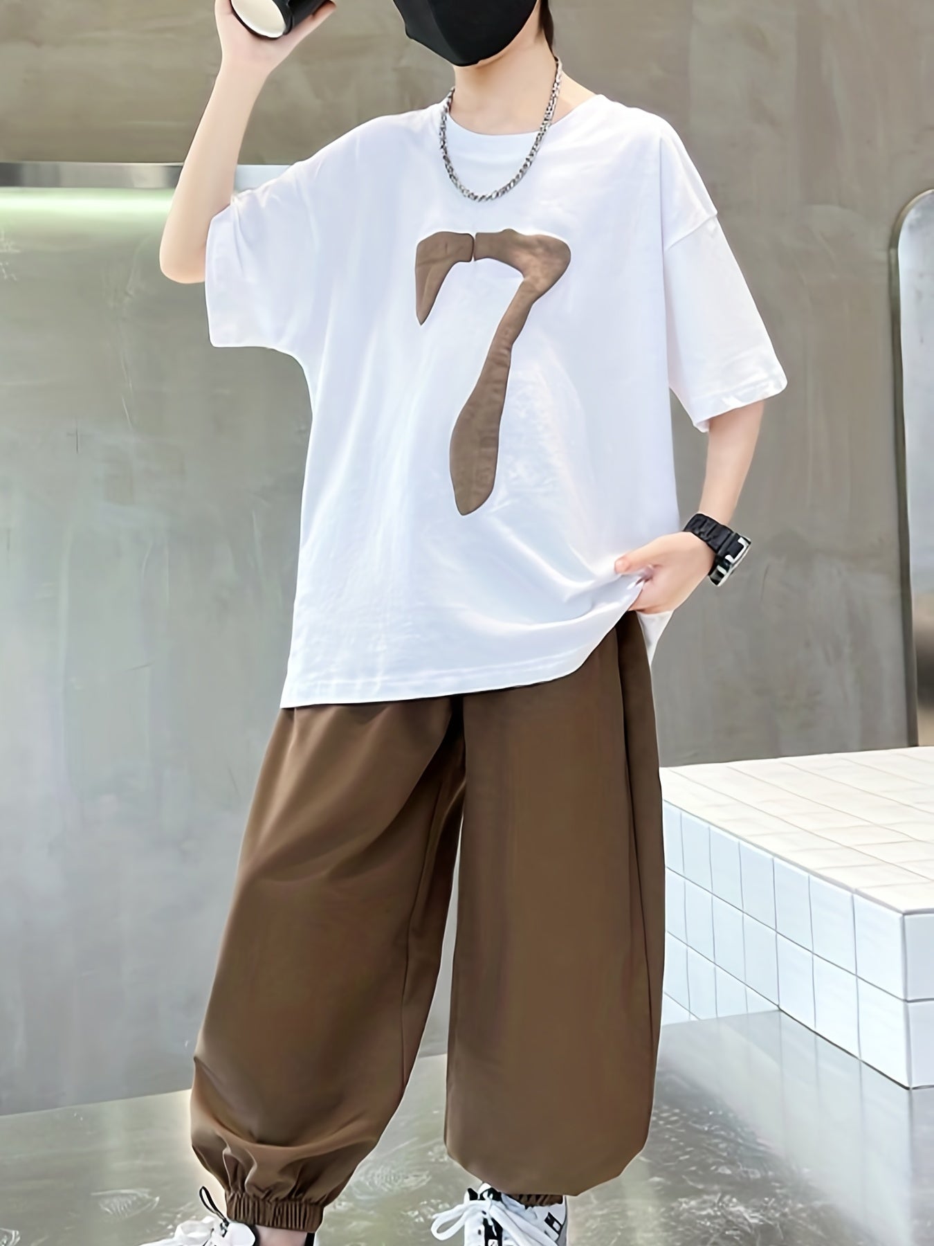 Boy's 2pcs T shirt & Pants Set Number 7 Print Short Sleeve Top Clash Casual Outf