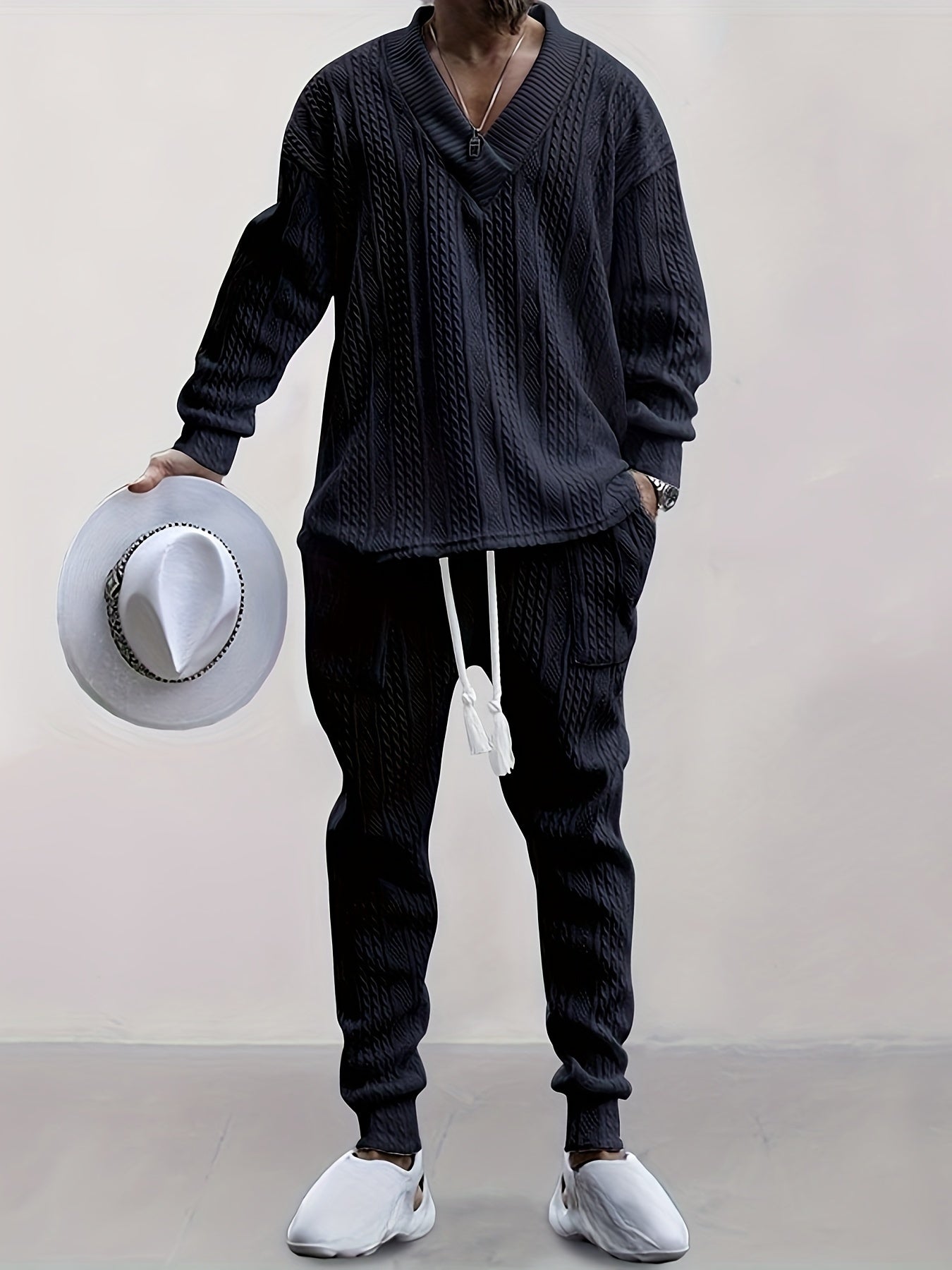 Men's Jacquard V-Neck Sweatshirt & Drawstring Sweatpants Set