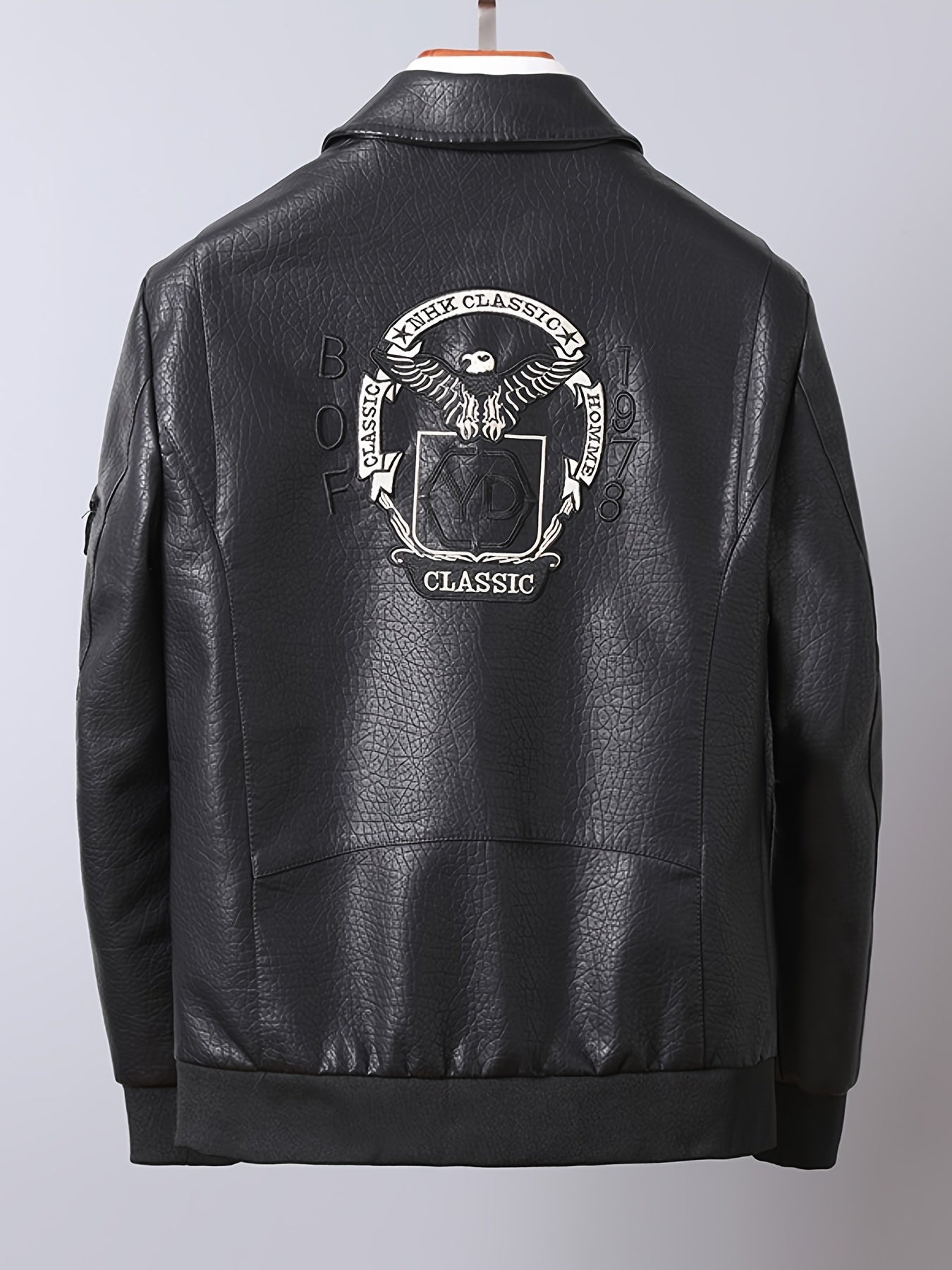 Embroidery Pocket PU Jacket Men's Casual Zip Up Faux Leather Jacket