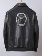 Embroidery Pocket PU Jacket Men's Casual Zip Up Faux Leather Jacket