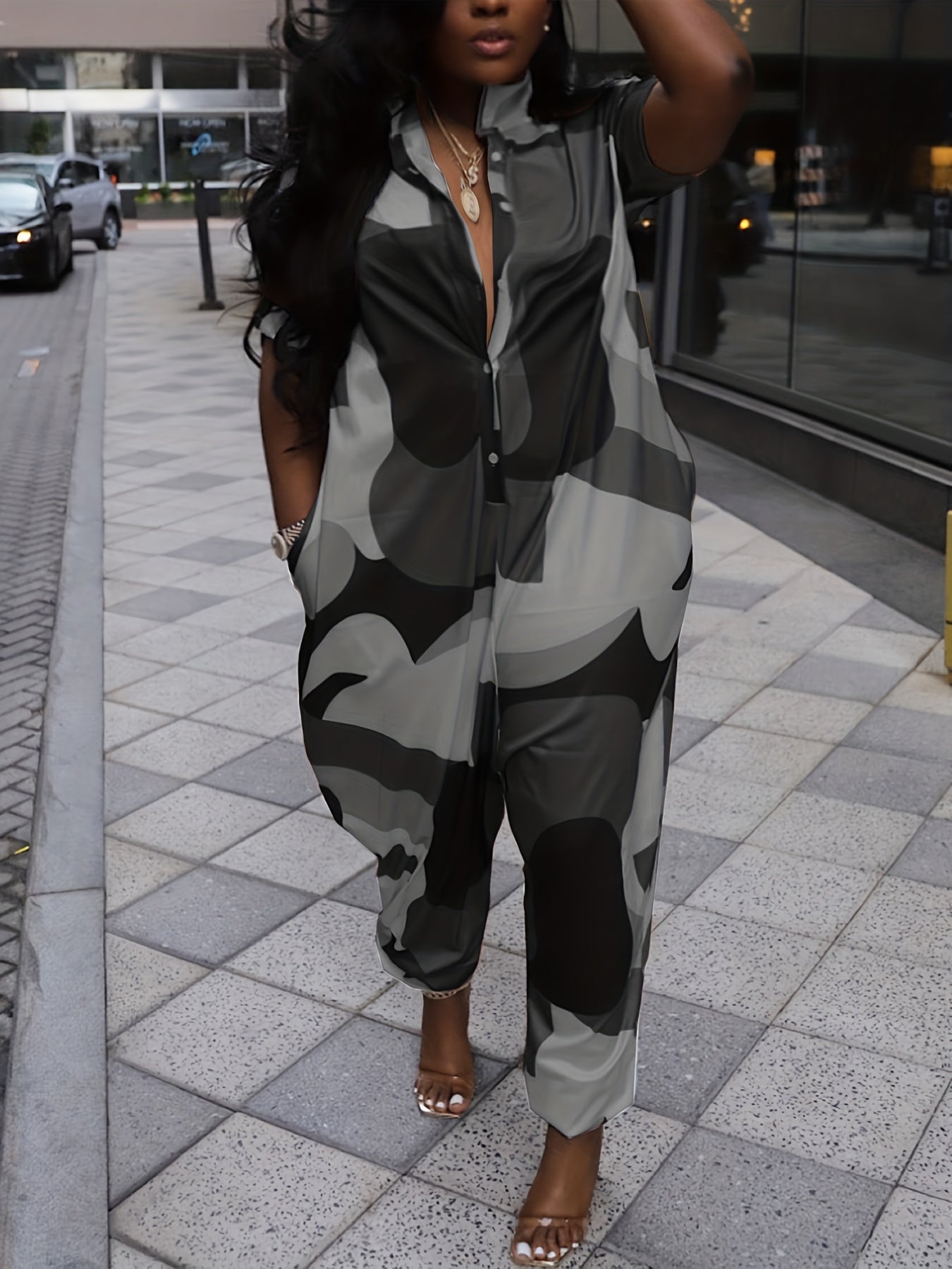 Elastic Bottom Jumpsuit Casual Short Sleeve Button Jumpsuit