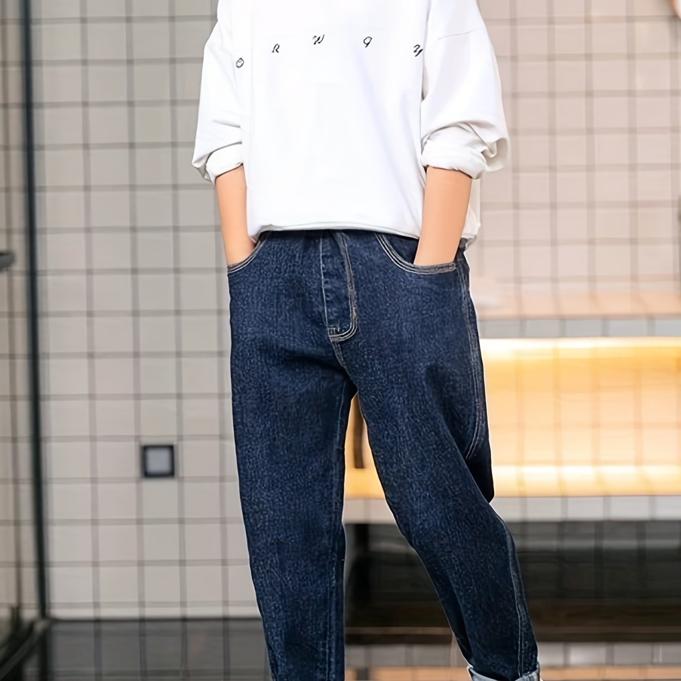 Boy's Loose Fit Denim Jeans Mid Stretch Breathable Pants