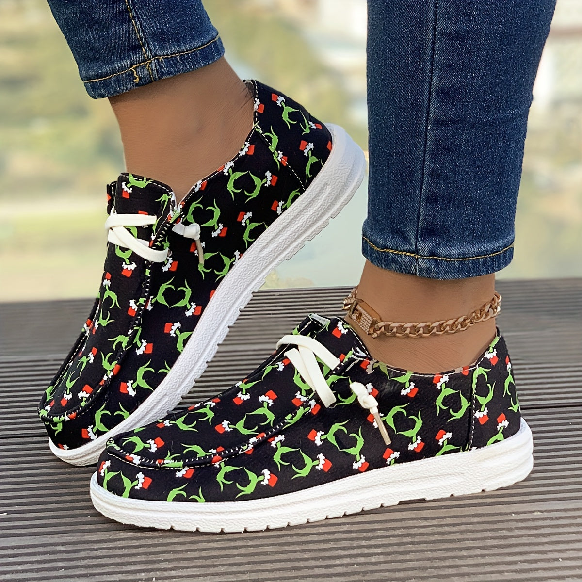 Christmas Print Flat Sporty Loafers Shoes Casual Non Slip Boat Shoes