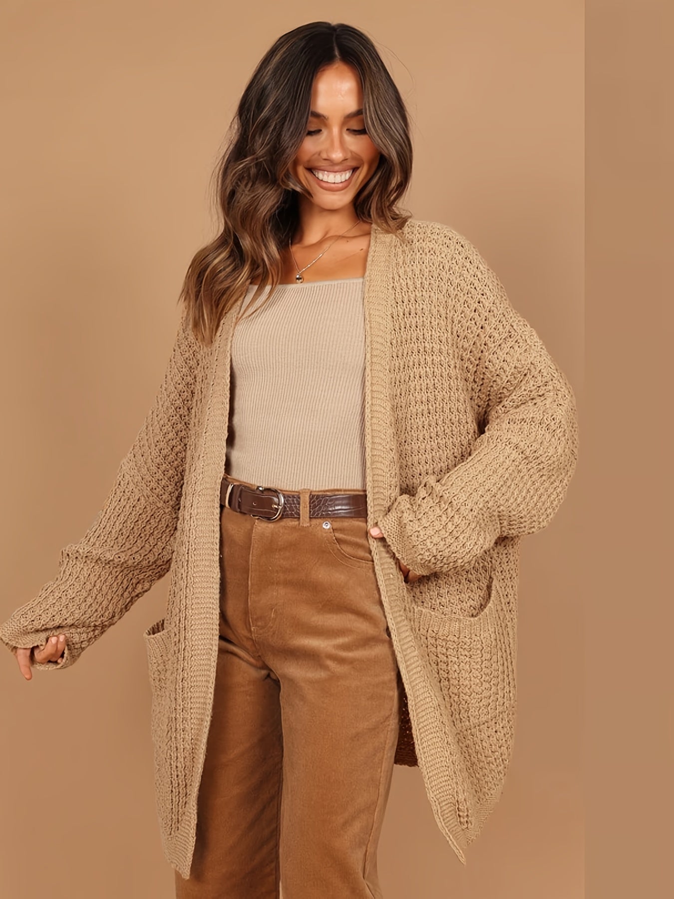 Solid Long Sleeve Open Front Cardigan With Pockets