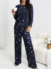 Starry Print Pajama Set Long Sleeve Crew Neck Top & Pants Sleepwear