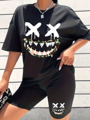 2pcs Cartoon Graphic Loose Short Sleeve T-shirts & Shorts Women's Activewear