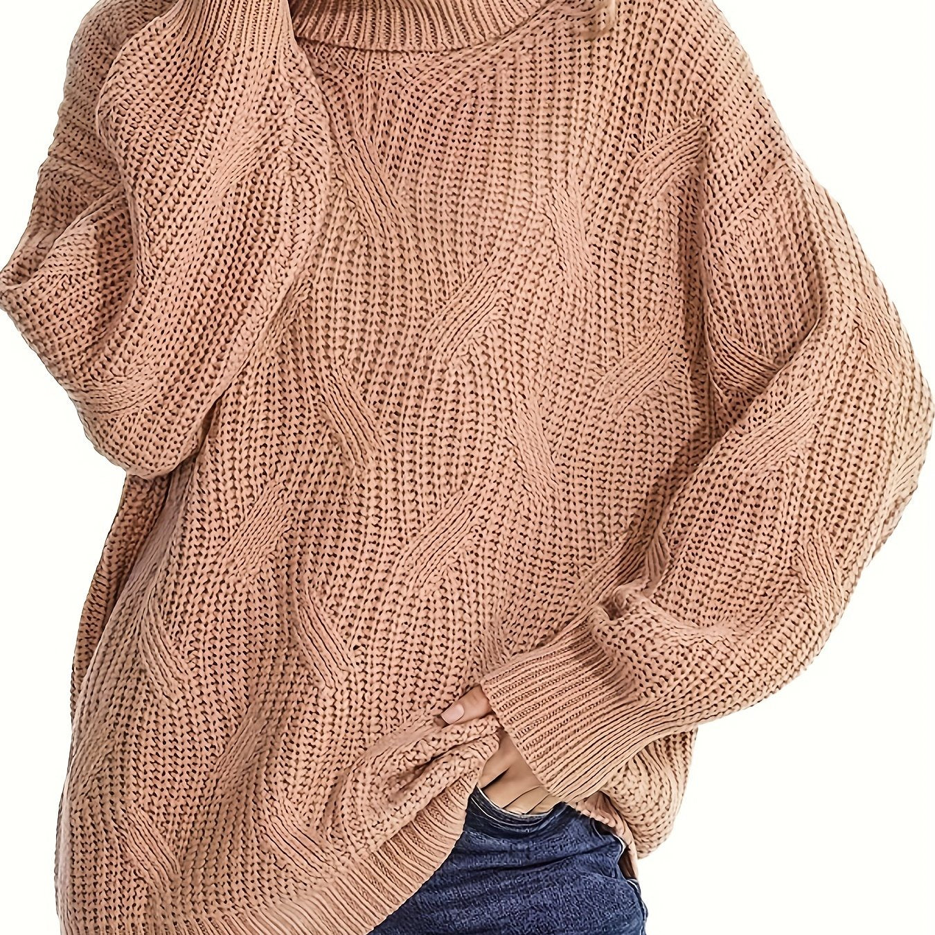 Solid Chunky Knit Top High Neck Tunic