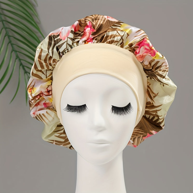 Flower Print Satin Bonnet Silk Hair Bonnet Lightweight Elastic Soft Sleep Cap