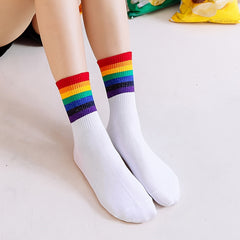 6 Pairs Rainbow Striped Socks - Women's Mid Tube Socks