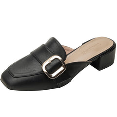 Women's Buckle Belt Flat Mules Square Toe Slip On Slides Sandals