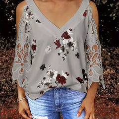 Floral Print Cold Shoulder Blouse with Lace Detail