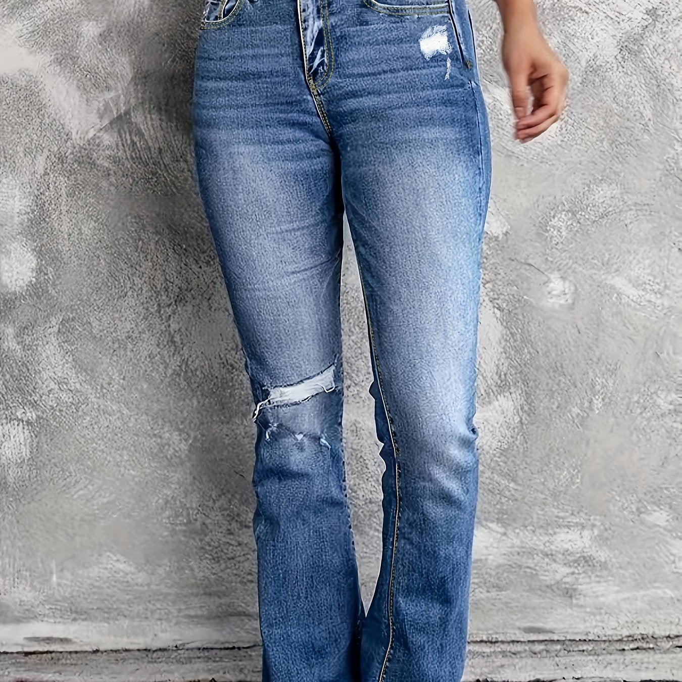 Ripped Button Fly Flared Leg High Stretch Washed Denim Pants