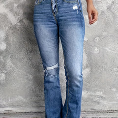 Ripped Button Fly Flared Leg High Stretch Washed Denim Pants
