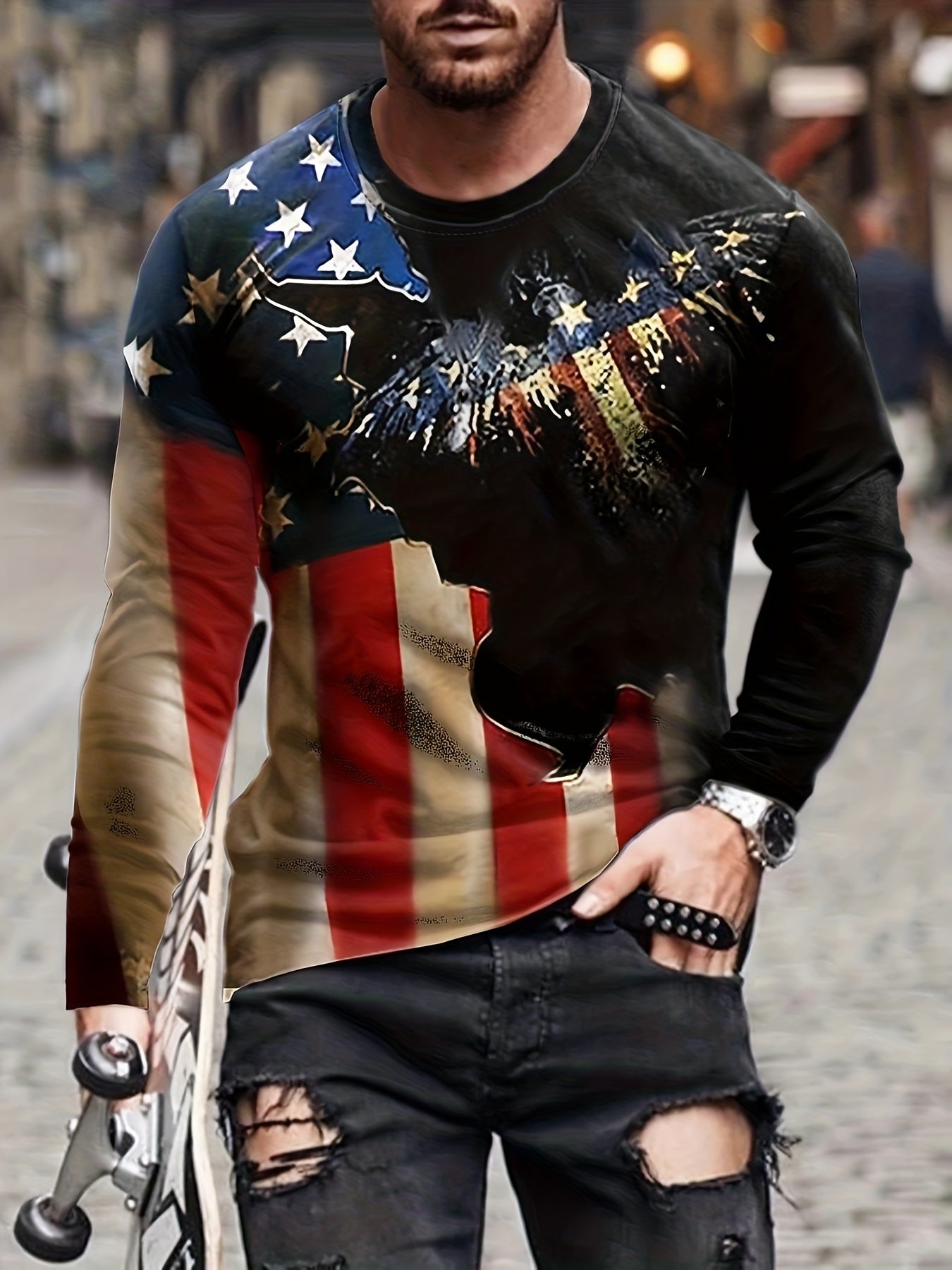 Eagle Print Men's Long Sleeve Tee For Autumn