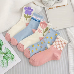 5 Pairs Women's Floral & Heart Print Mid Tube Socks