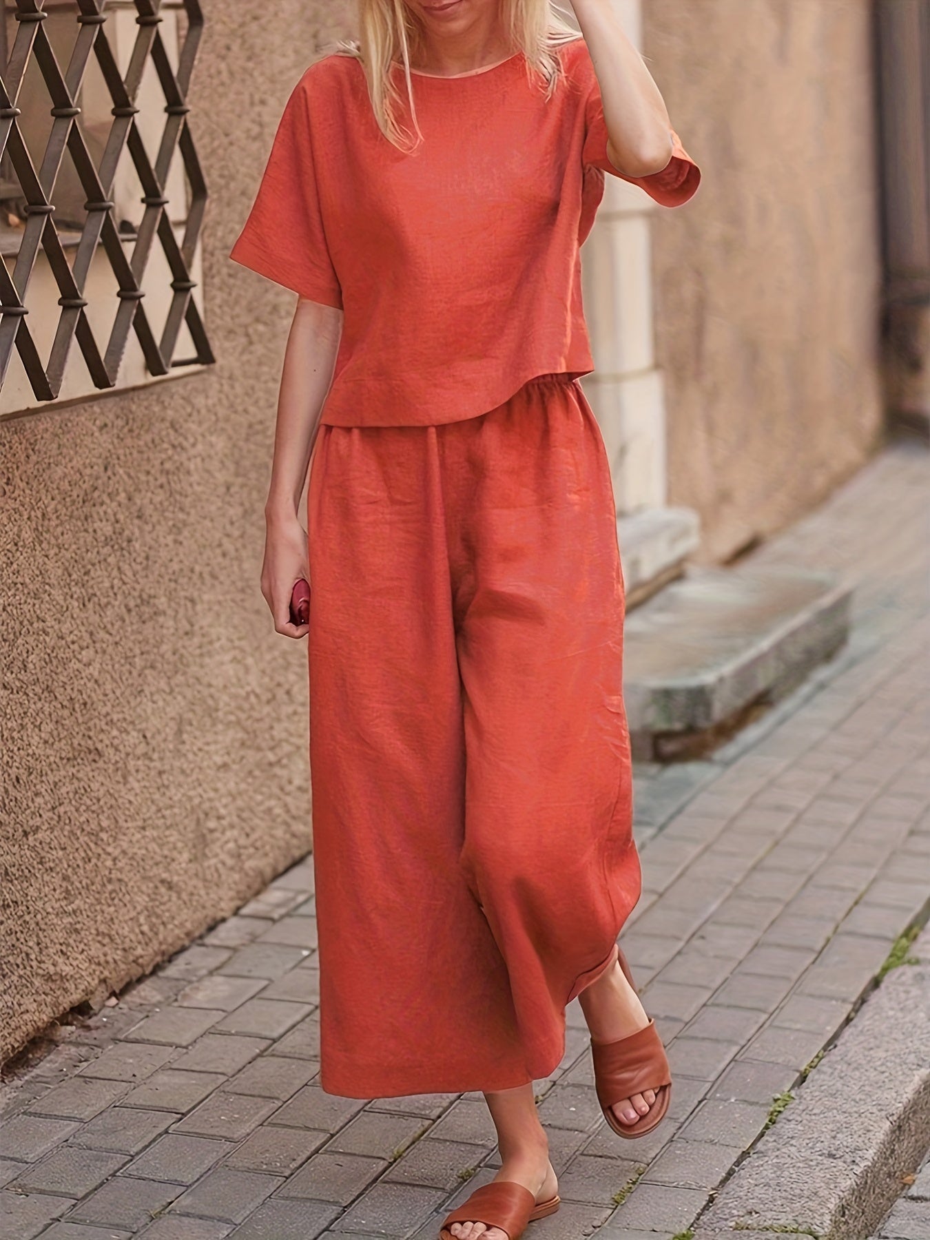 2pcs Tee & Pants Set Vacation Casual Two Piece Outfit Women's Clothing