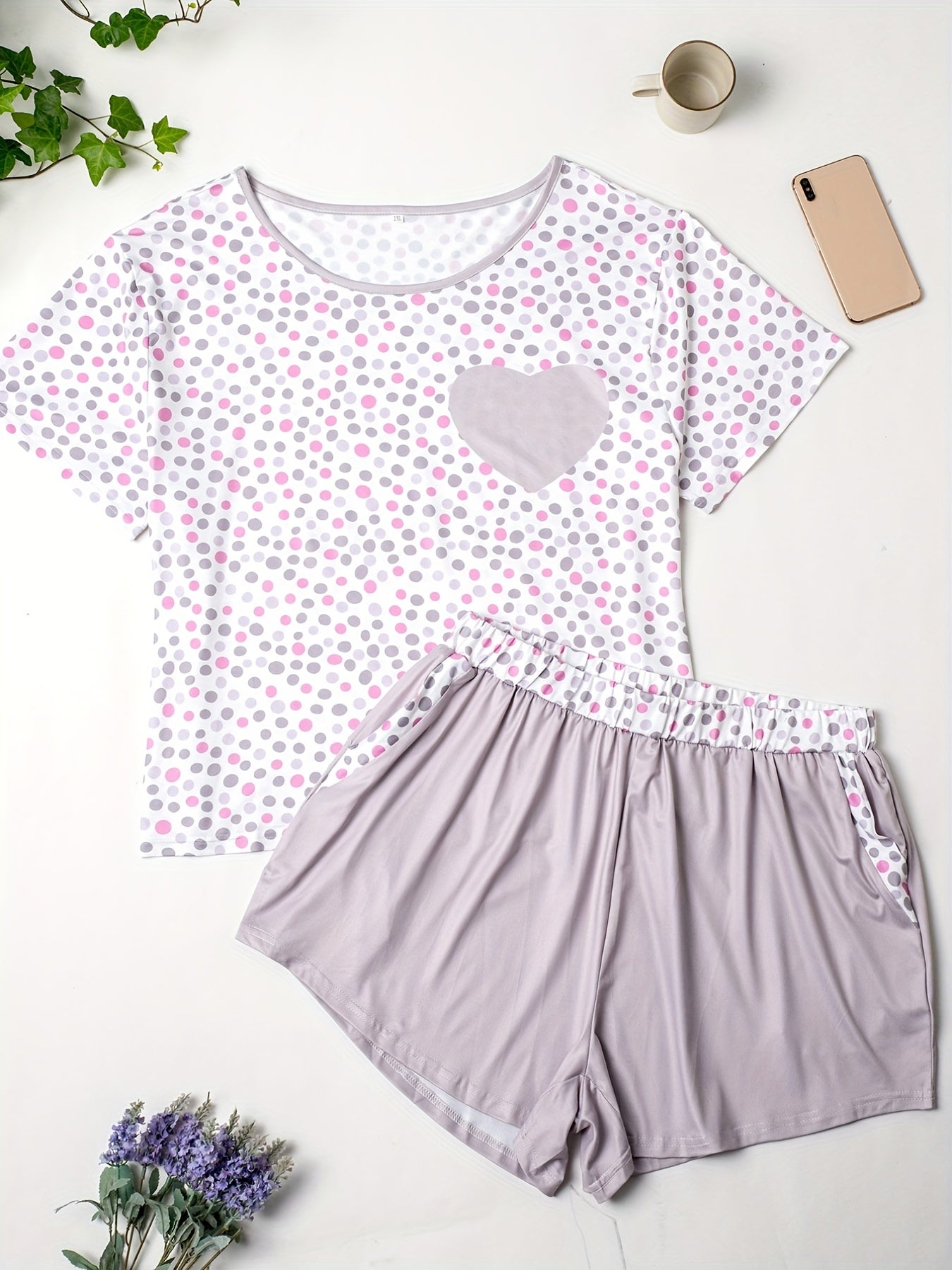 Polka Dot & Heart Print Tee & Shorts Pajama Set