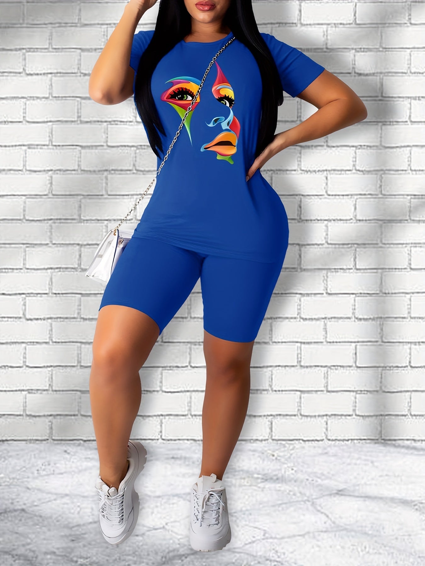 Abstract Face Print T shirt & Slim Shorts Set