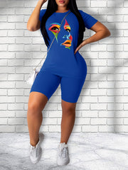Abstract Face Print T shirt & Slim Shorts Set