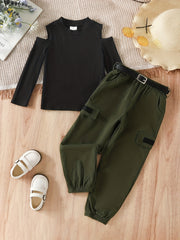 Girl's 2pcs Ribbed Top & Cargo Pants Set Shoulder Cut Out Casual Outfits