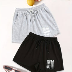 Sporty Casual Flag Print Drawstring Waist Shorts Set for Summer