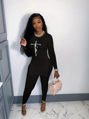 Faith Print Two Piece Set Split Tops & Solid Slim Pants