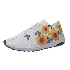 Butterfly Sunflower Pattern Rhinestone Decor Mesh Sneakers