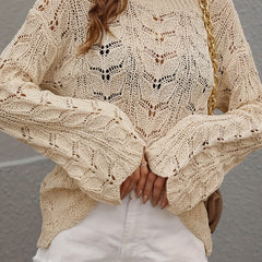 Casual Hollow Out Bell Sleeve Crew Neck Sweater Plus Size
