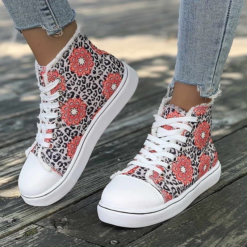 Floral & Leopard Print High Top Canvas Sneakers Lace Up Skate Shoes