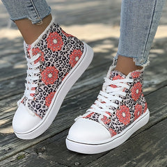 Floral & Leopard Print High Top Canvas Sneakers Lace Up Skate Shoes