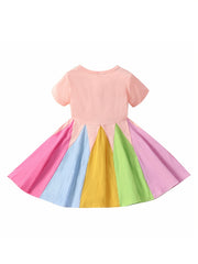 Girls Rainbow Block Short Sleeves Round Neck Cotton Casual Princess Dress