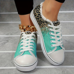 Leopard Print Canvas Shoes with Glitter Sequins Lace Up Lightweight Sneakers