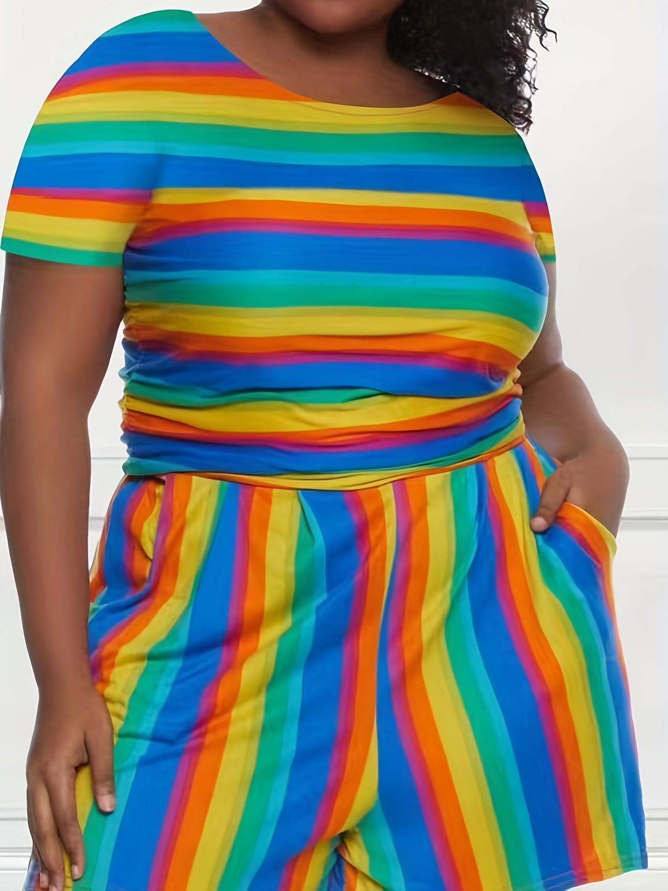 Rainbow Stripe Tee & Pocketed Shorts Set