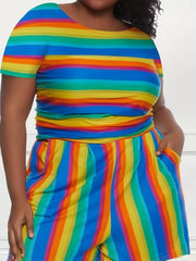 Rainbow Stripe Tee & Pocketed Shorts Set