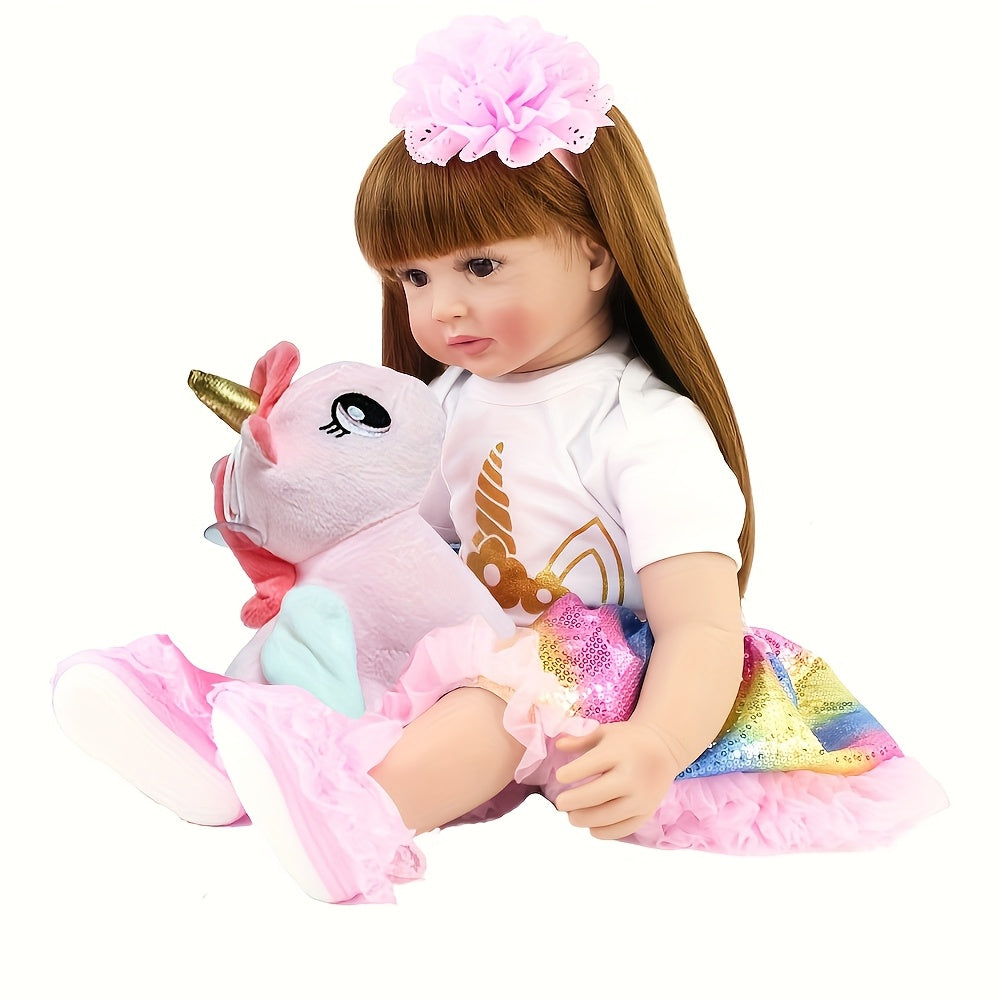 24inch Princess Toddler Reborn Baby Doll Soft Vinyl Girl with Long Brown Hair