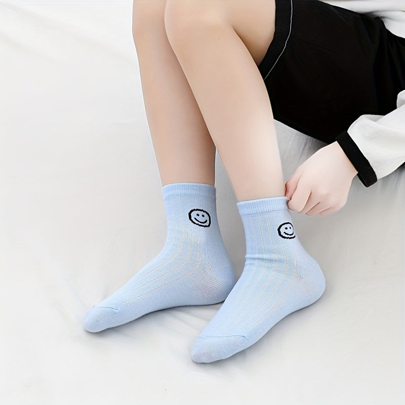 10 Pairs Smiling Face Kids Striped Crew Socks