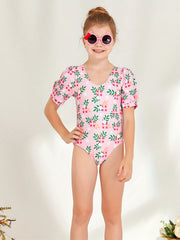 Girl's Floral Onesie Swimsuit Short Sleeve Bathing Suit Kids Clothes