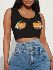 Pumpkin & Skull Hand Print Sleeveless Tank Top