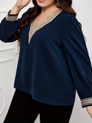 Colorblock Lace Panel Lantern Sleeve Blouse