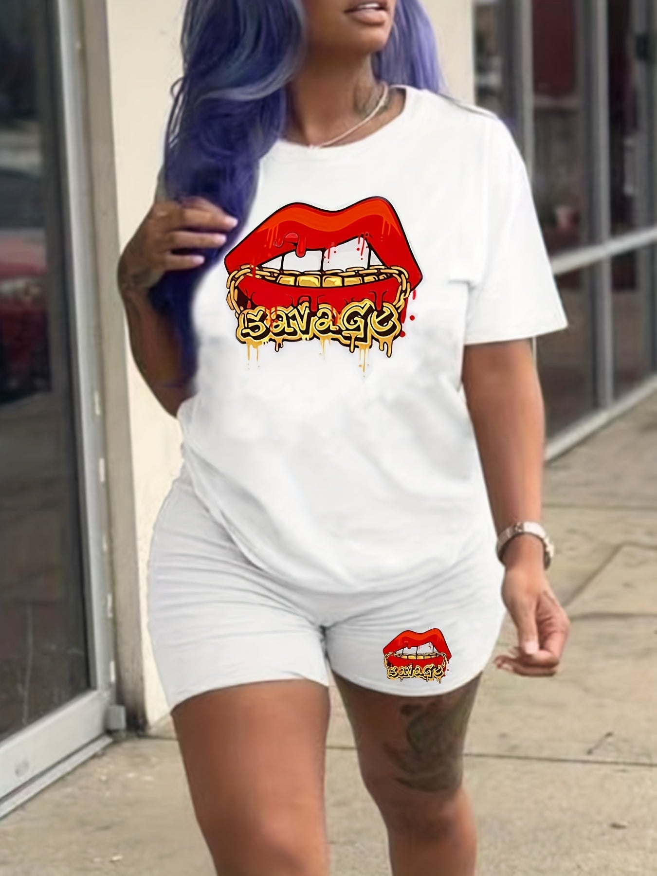 Lips Print 2-Piece Outfit Short Sleeve T-Shirt & Shorts Set