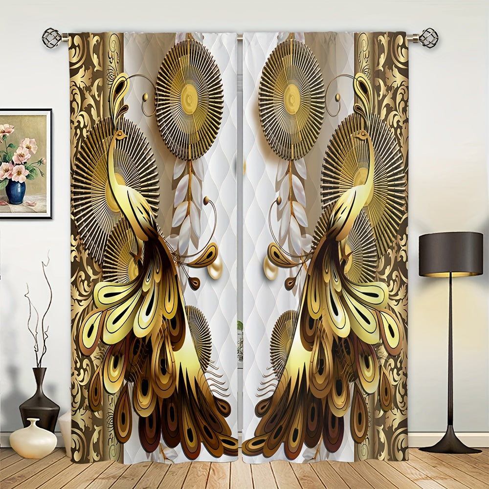 2 Panels Golden Peacock Curtain Rod Pocket Top Window Drapes