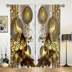 2 Panels Golden Peacock Curtain Rod Pocket Top Window Drapes